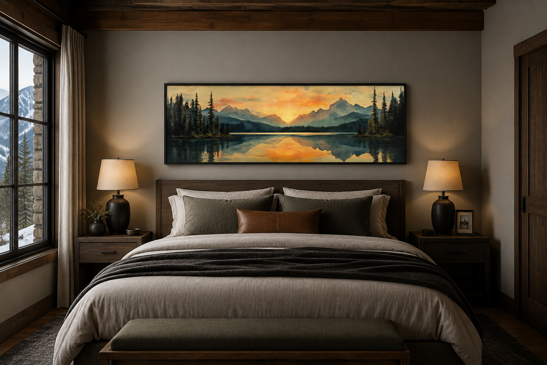 Panoramic mountain lake sunset painting in a mid-century modern frame hanging over a bed.
