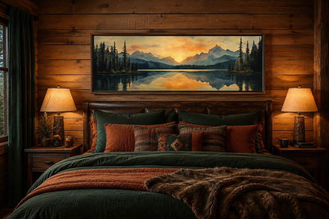 Panoramic mountain lake sunset wall art hanging above a bed in a rustic log cabin bedroom.