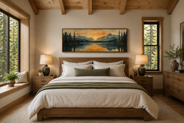 Panoramic mountain lake sunset wall art hanging above a wooden bed in a modern bedroom.