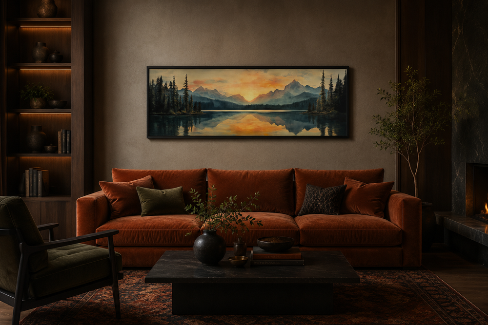 Panoramic mountain lake sunset painting in a black frame above a rust-colored velvet sofa.