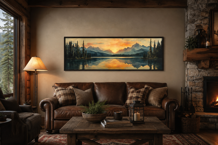 Panoramic mountain lake sunset wall art hanging above a brown leather sofa in a rustic living room.