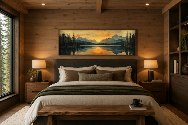 Panoramic mountain lake sunset painting in a mid-century modern bedroom above a king-sized bed.