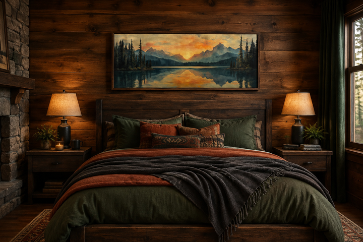 Panoramic mountain lake sunset painting in a wooden frame hanging above a bed in a rustic bedroom.