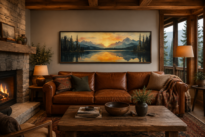 Panoramic mountain lake sunset wall art in a rustic living room above a brown leather sofa.