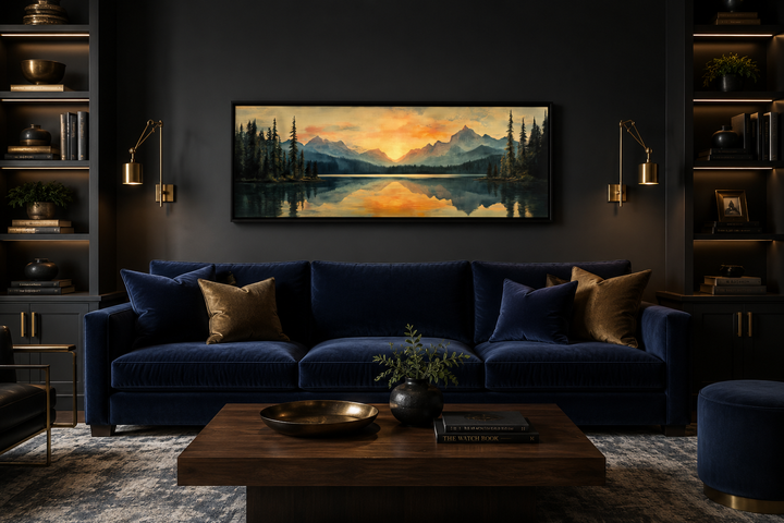 Panoramic mountain lake sunset painting in a black frame above a navy blue velvet sofa.