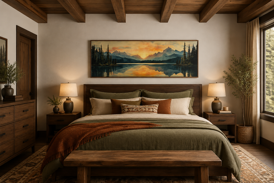 Panoramic mountain lake sunset wall art hanging above a bed in a rustic modern bedroom.