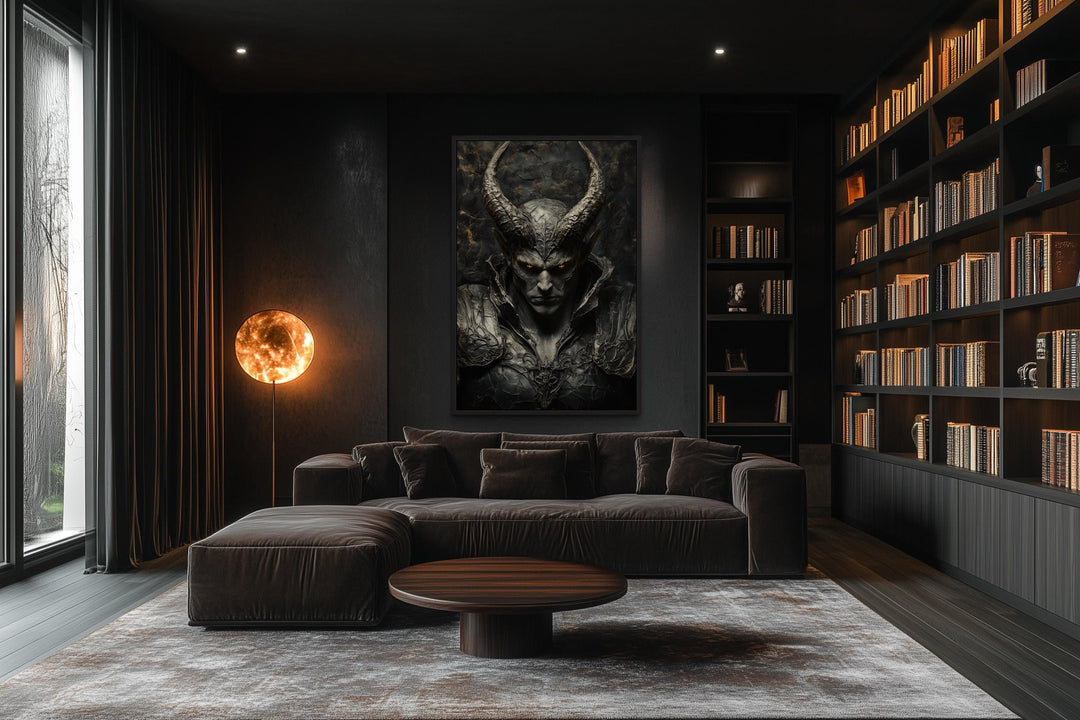 Horned Demon Warrior Gothic Canvas Wall Art in a dark modern living room with a large bookshelf.