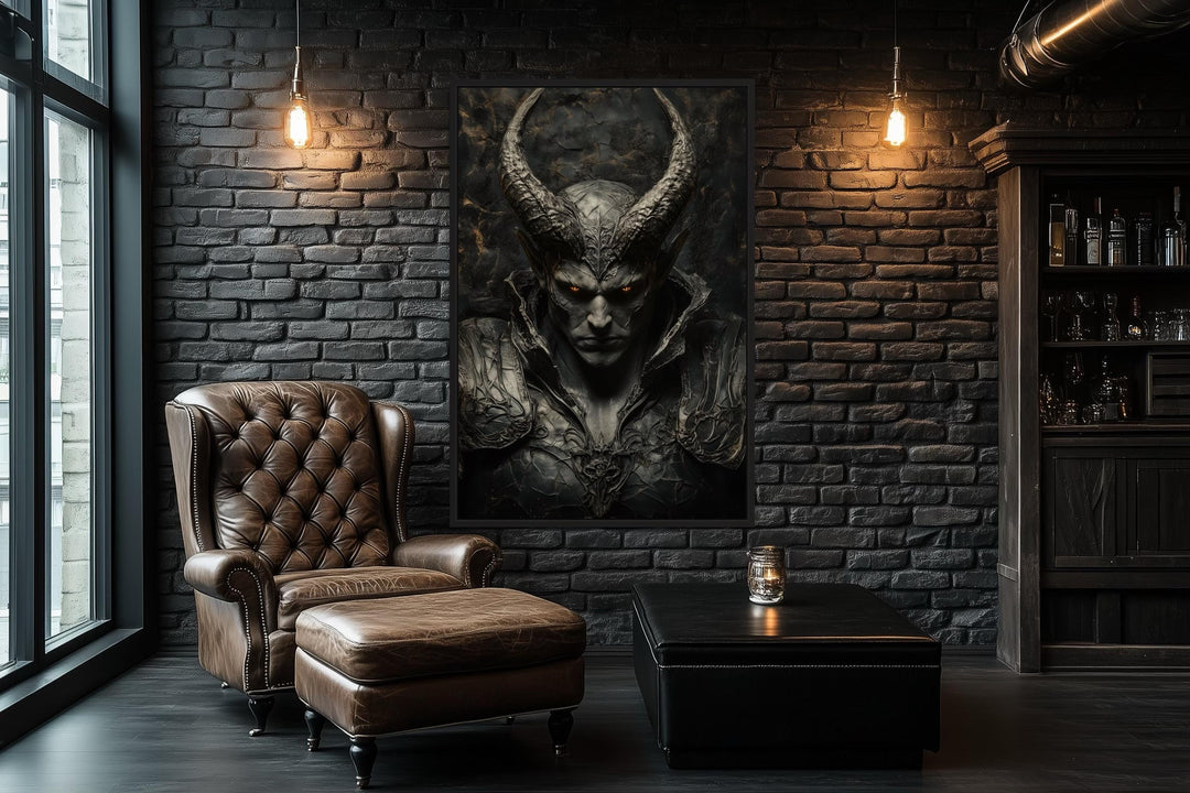 Horned Demon Warrior Gothic Canvas Wall Art in a dark room with a leather chair and brick wall.