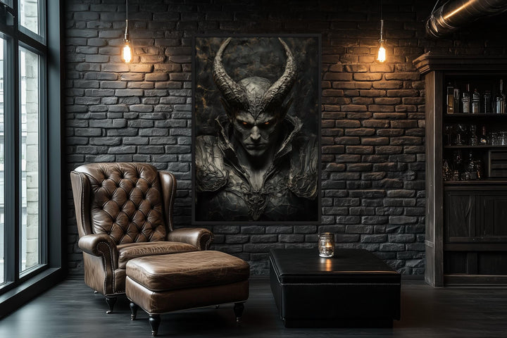 Horned Demon Warrior Gothic Canvas Wall Art in a dark room with a leather chair and brick wall.