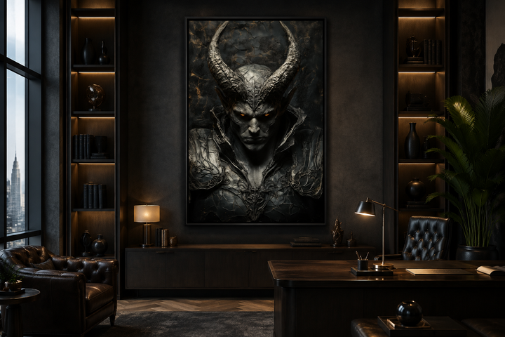 Large framed canvas of a horned demon warrior in a dark, modern office with leather furniture.