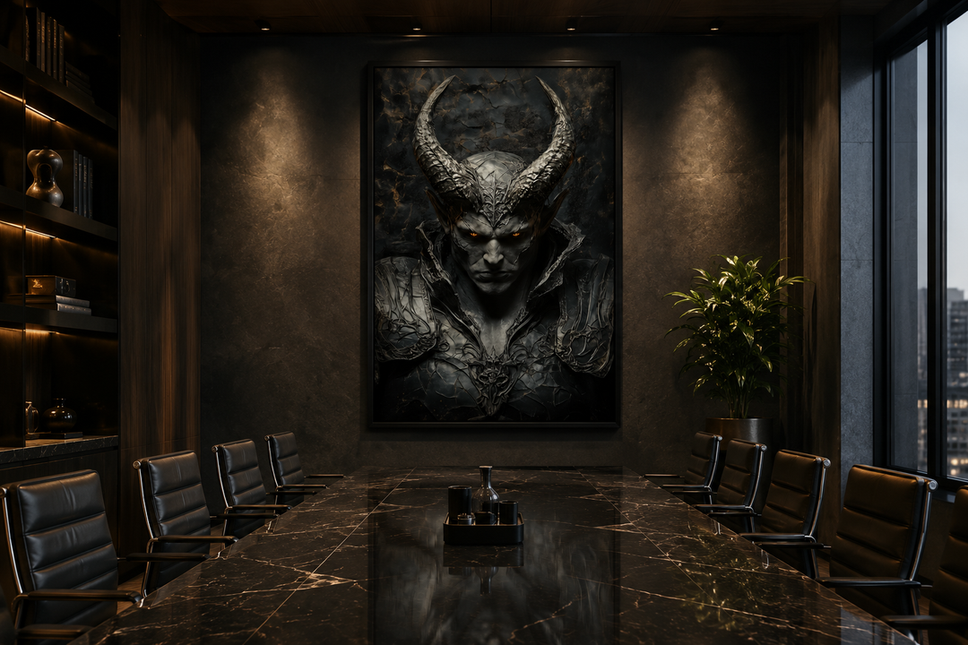 Horned demon warrior gothic canvas wall art in a dark, modern boardroom setting.
