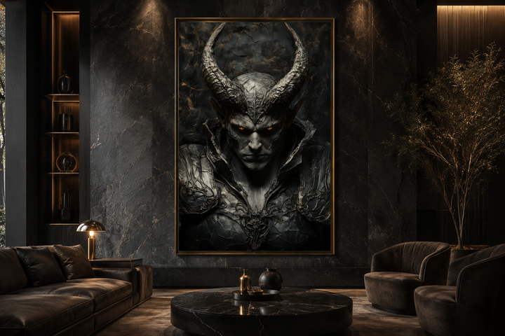 Horned Demon Warrior Gothic Canvas Wall Art in a dark, modern living room with marble walls.