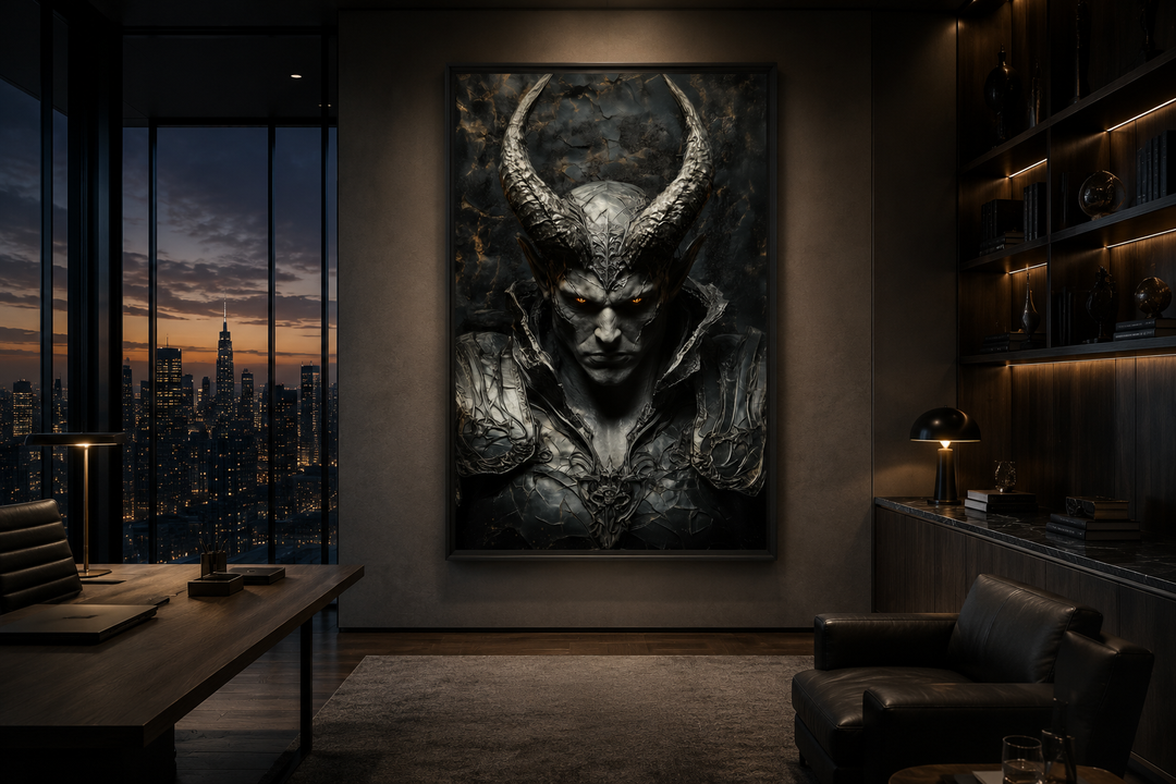 Horned demon warrior canvas wall art in a dark office setting with a city skyline view.