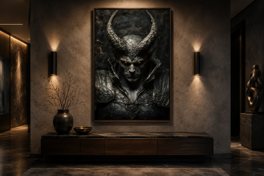 Horned demon warrior gothic canvas wall art hanging in a dark, modern interior setting.