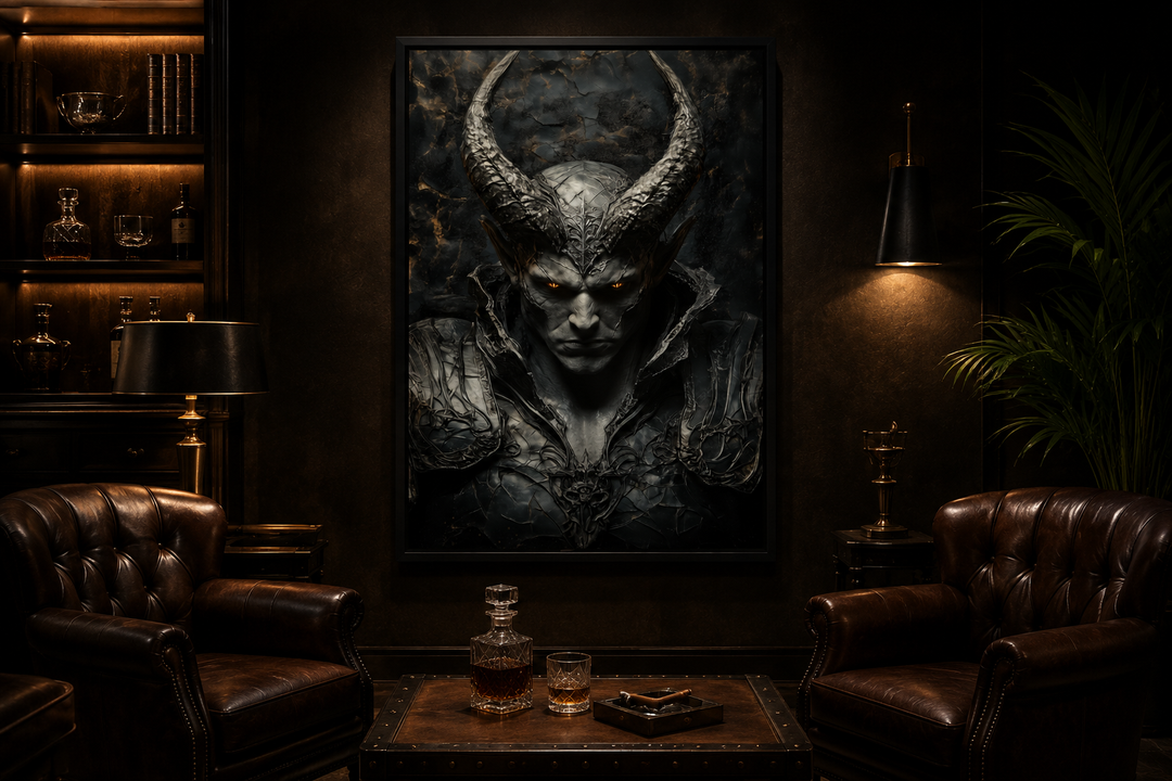 Horned demon warrior gothic canvas wall art displayed in a dark room with leather armchairs.