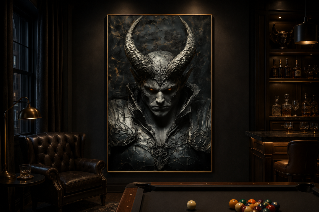 Horned demon warrior gothic canvas wall art in a dark man cave with a pool table and bar.