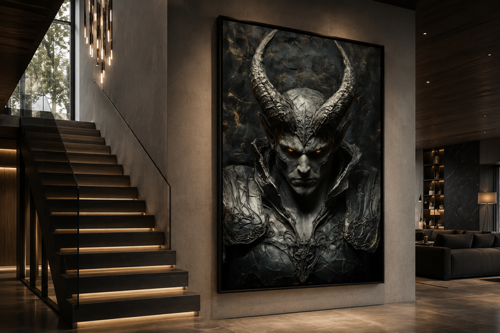 Horned demon warrior gothic canvas wall art displayed in a modern living room with a staircase.