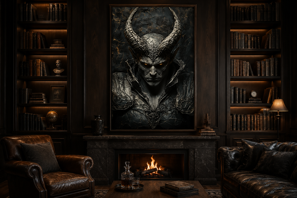 Horned demon warrior gothic canvas wall art in a dark library above a fireplace.