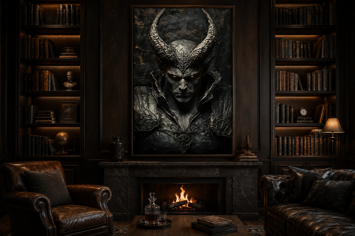 Horned demon warrior gothic canvas wall art in a dark library above a fireplace.
