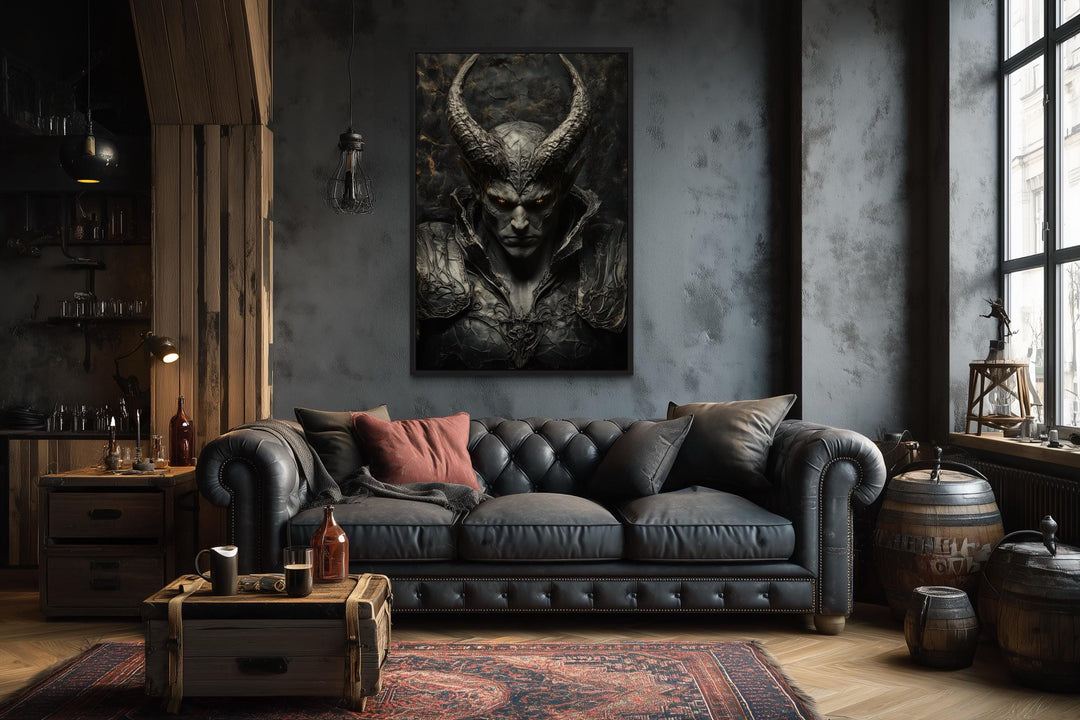 Horned demon warrior gothic canvas wall art hanging above a black leather sofa in a dark room.