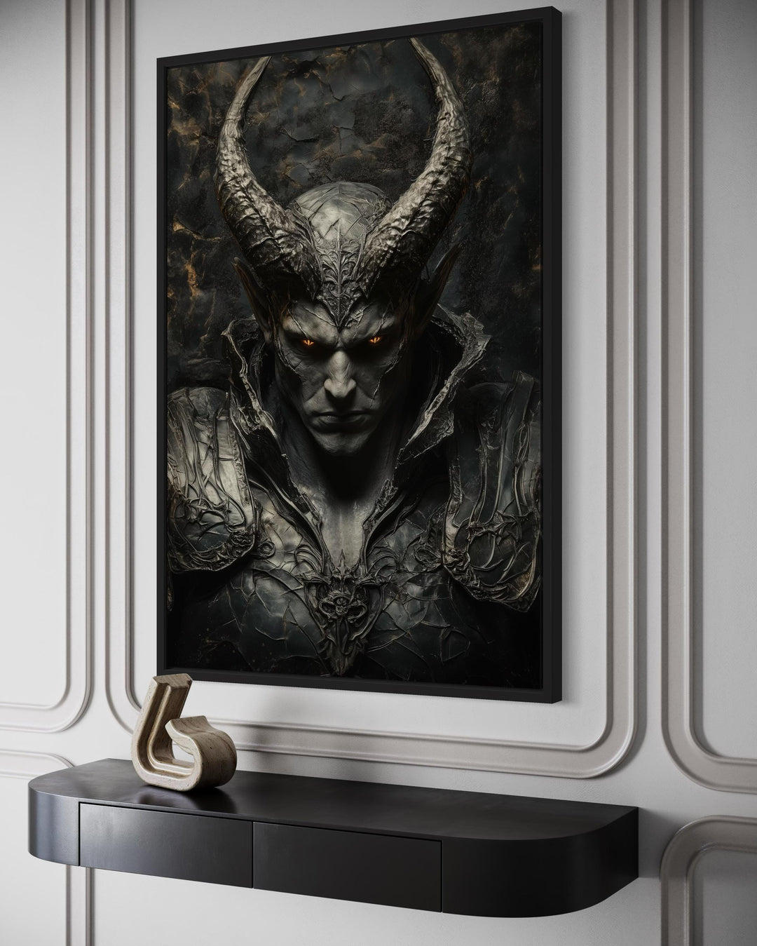 Horned demon warrior gothic canvas wall art in a black frame above a modern console table.
