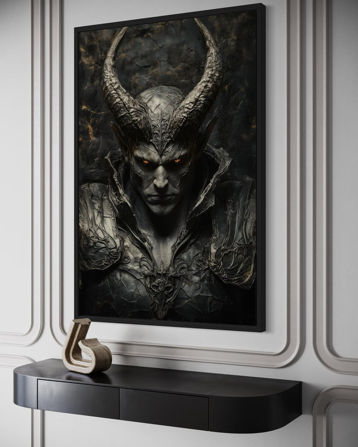 Horned demon warrior gothic canvas wall art in a black frame above a modern console table.