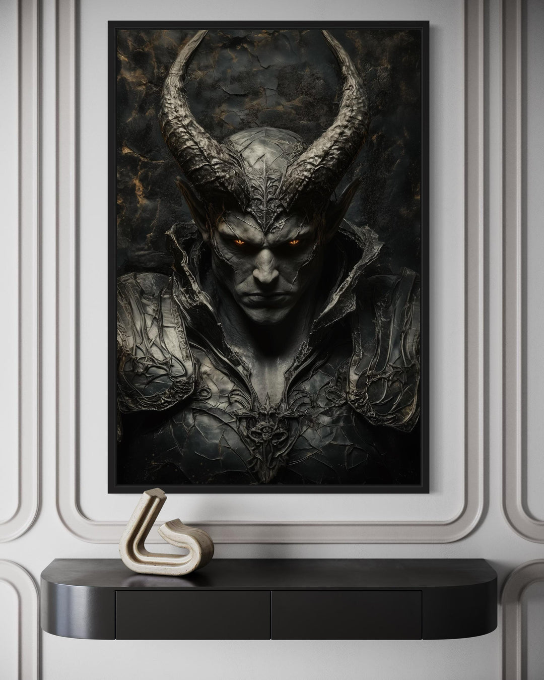 Framed gothic canvas wall art of a horned demon warrior with glowing eyes above a black console.