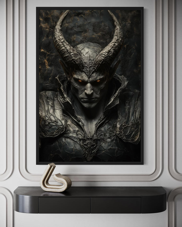 Framed gothic canvas wall art of a horned demon warrior with glowing eyes above a black console.