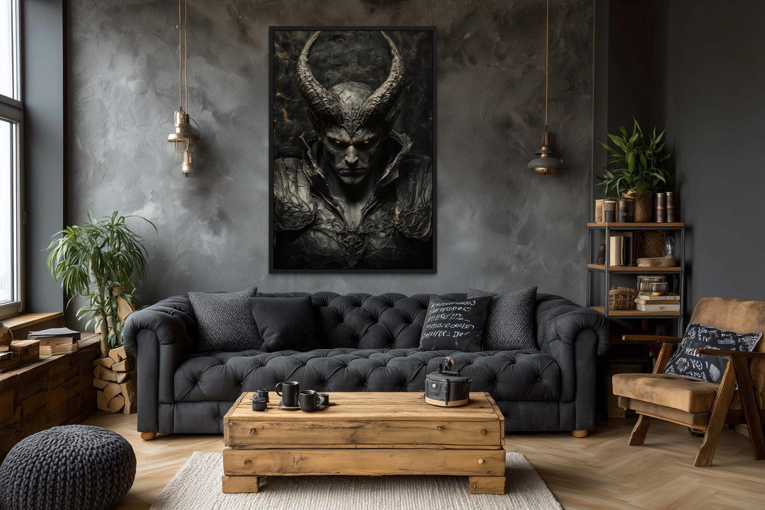 Horned Demon Warrior gothic canvas wall art hanging in a dark, modern living room above a sofa.