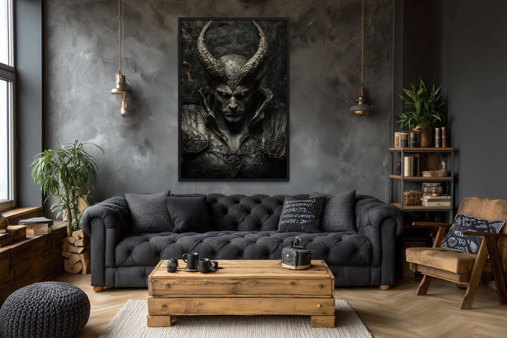 Horned Demon Warrior gothic canvas wall art hanging in a dark, modern living room above a sofa.