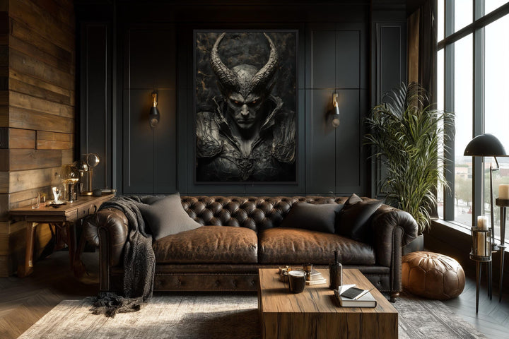 Horned Demon Warrior Gothic Canvas Wall Art centered above a brown leather sofa in a dark room.
