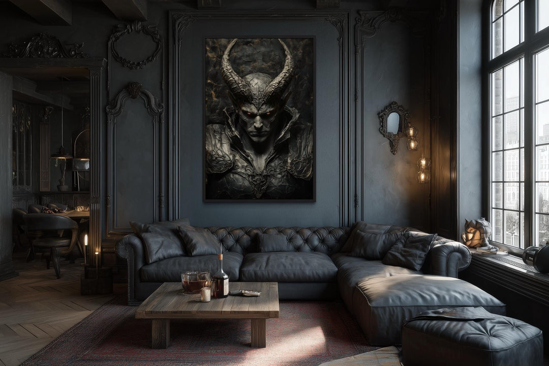 Horned demon warrior gothic canvas wall art hanging in a dark, moody living room above a black sofa.