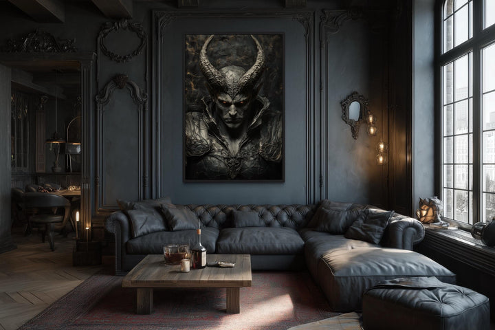 Horned demon warrior gothic canvas wall art hanging in a dark, moody living room above a black sofa.