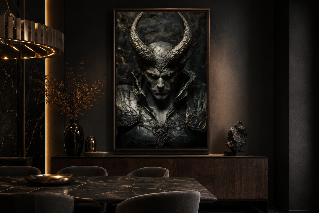 Horned demon warrior canvas wall art in a dark, modern dining room above a wooden sideboard.