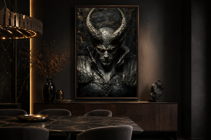Horned demon warrior canvas wall art in a dark, modern dining room above a wooden sideboard.