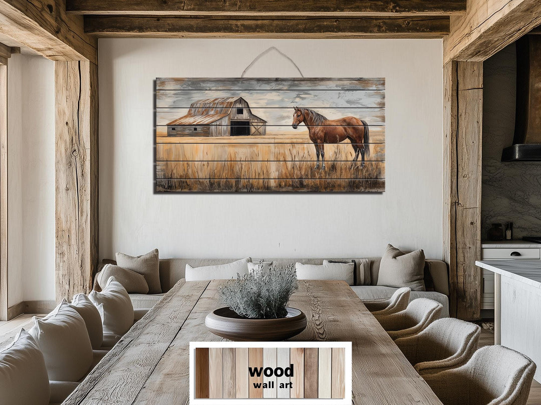 Horse And Barn In Field Distressed Wood Wall Art