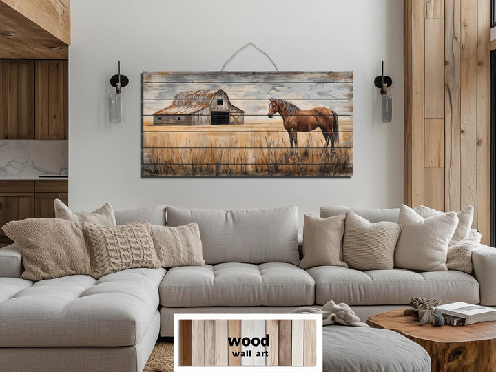 Horse And Barn In Field Distressed Wood Wall Art