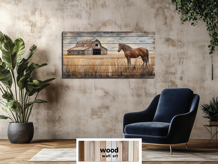 Horse And Barn In Field Distressed Wood Wall Art