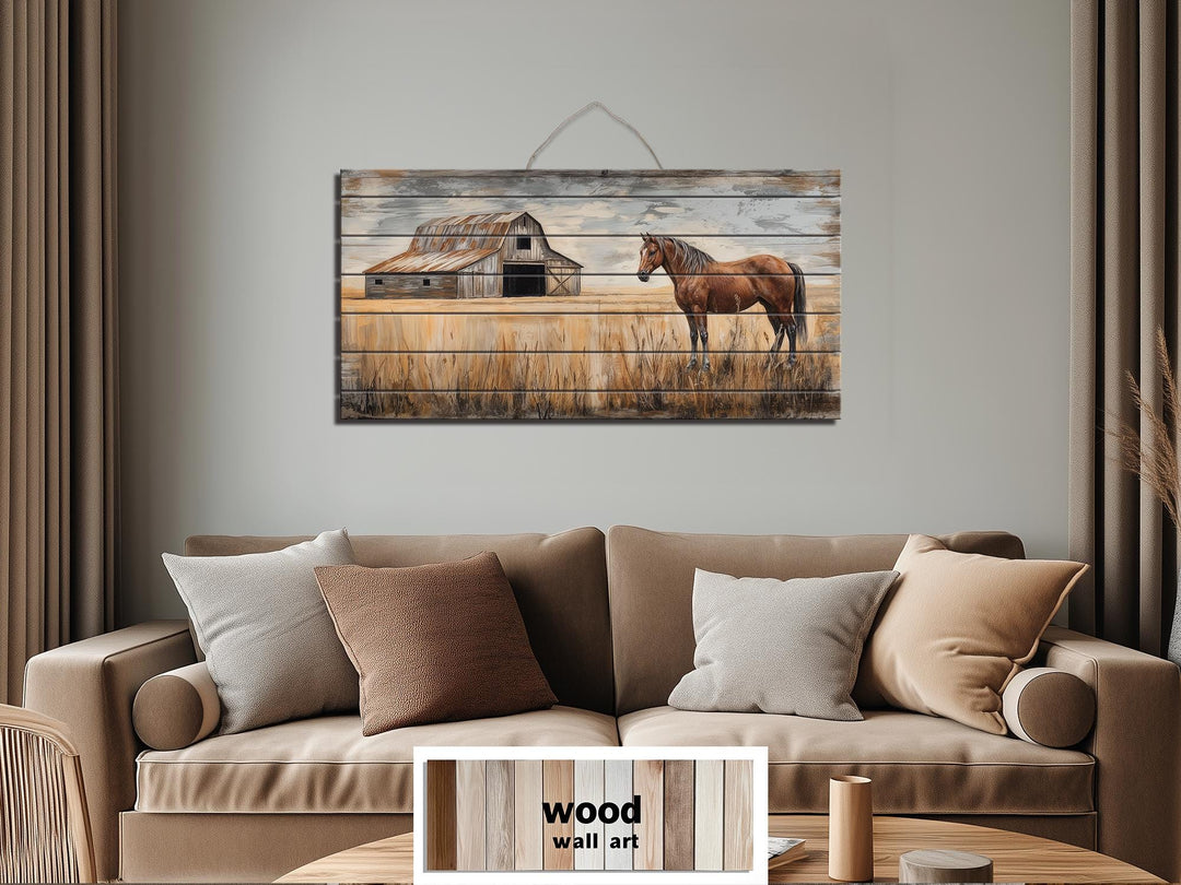Horse And Barn In Field Distressed Wood Wall Art