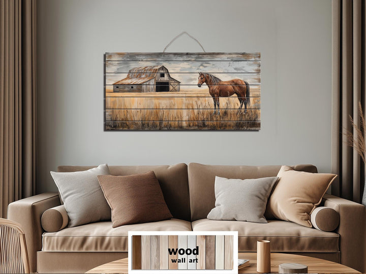 Horse And Barn In Field Distressed Wood Wall Art