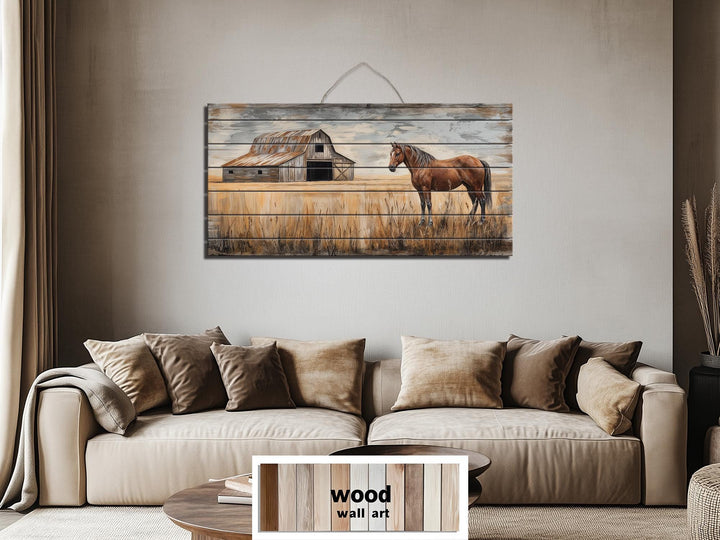 Horse And Barn In Field Distressed Wood Wall Art