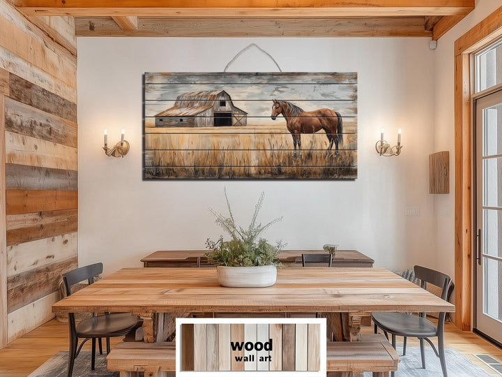 Horse And Barn In Field Distressed Wood Wall Art