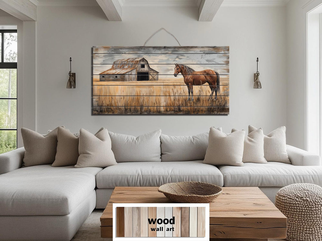 Horse And Barn In Field Distressed Wood Wall Art