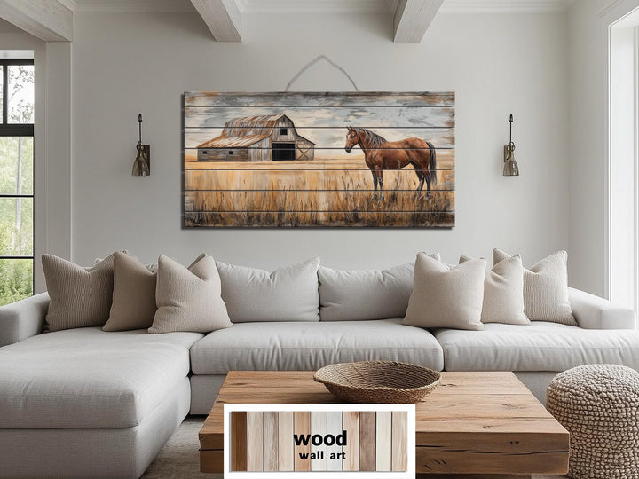 Horse And Barn In Field Distressed Wood Wall Art