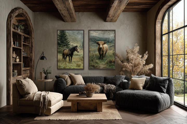 Set of two vertical canvas prints featuring a horse and a highland cow in a rustic living room.