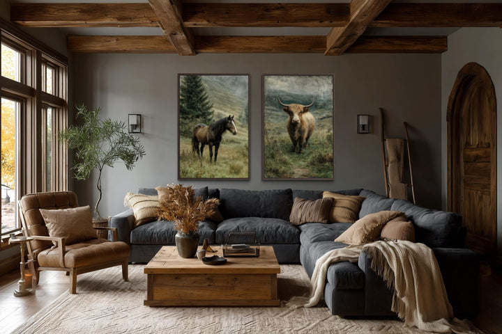 Set of two vertical canvas prints featuring a horse and a Highland cow in a rustic living room.
