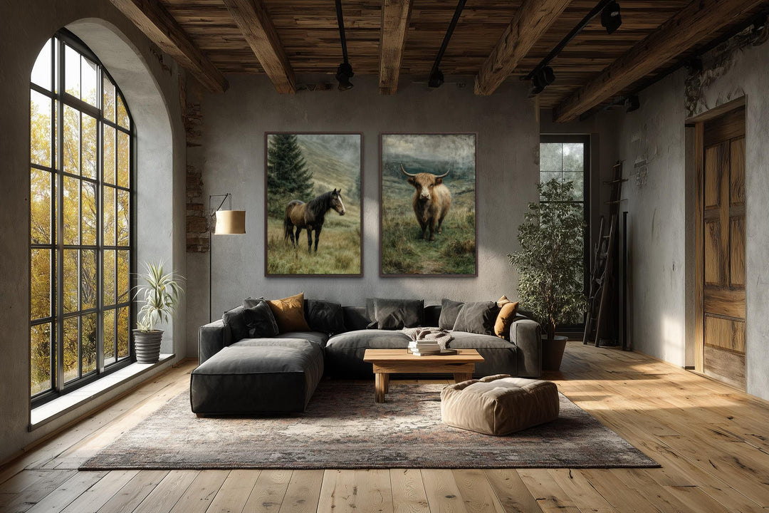 Set of two vertical canvas prints featuring a horse and a Highland cow in a rustic living room.