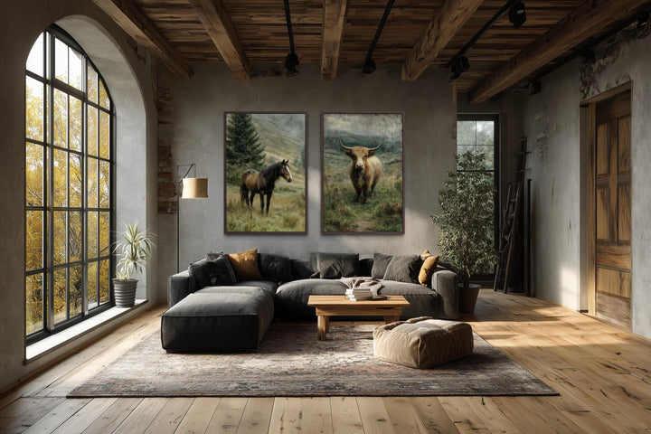 Set of two vertical canvas prints featuring a horse and a Highland cow in a rustic living room.