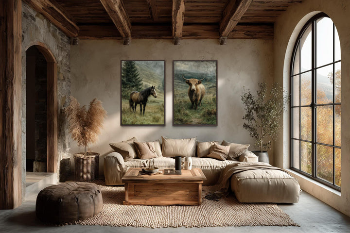 Two vertical canvas prints featuring a horse and a highland cow in a rustic, neutral living room.