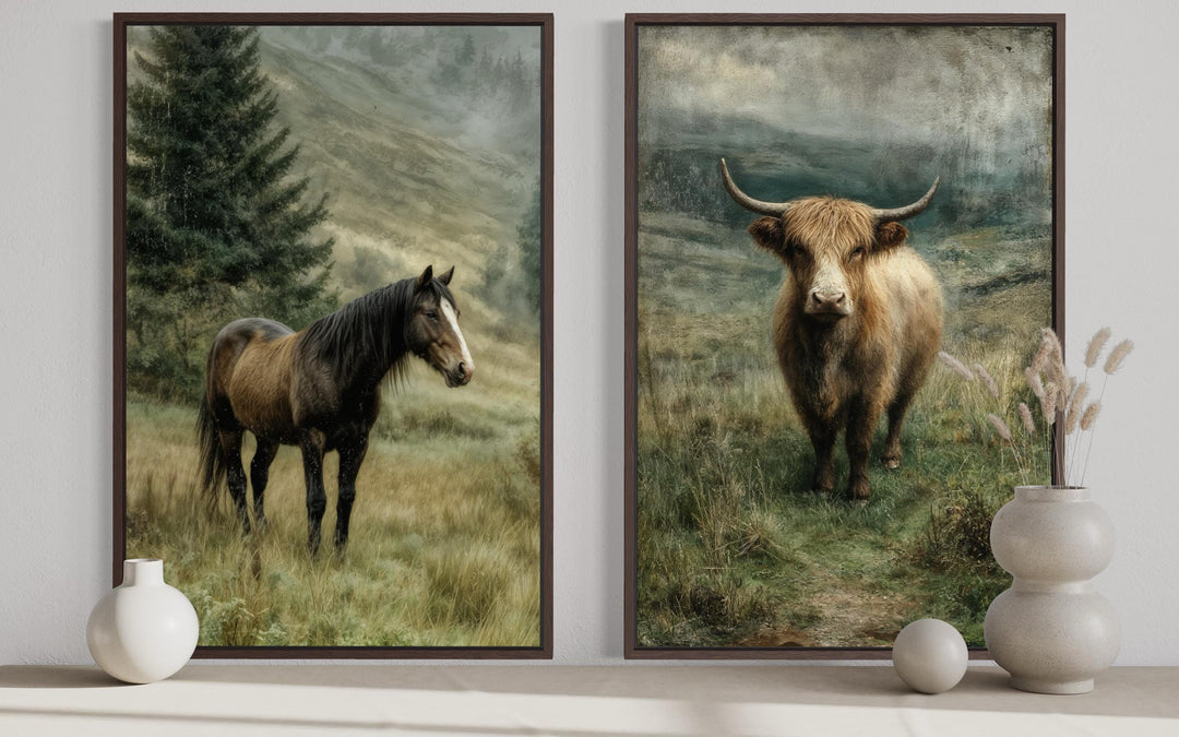 Two vertical canvas prints featuring a horse and a highland cow in a misty, green pasture landscape.
